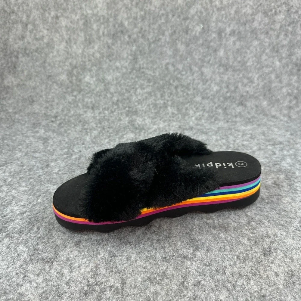 Kidpik Girls Size 2 Black Faux Fur Slide Sandals Platform Slip On Slides